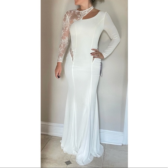 Jovani White Gown with Lace Detail - Picture 1 of 5